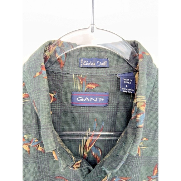 Vintage Gant Chelsea Twill Mens Button Down Green Bird Shirt Size L Retro Unique - Picture 2 of 5